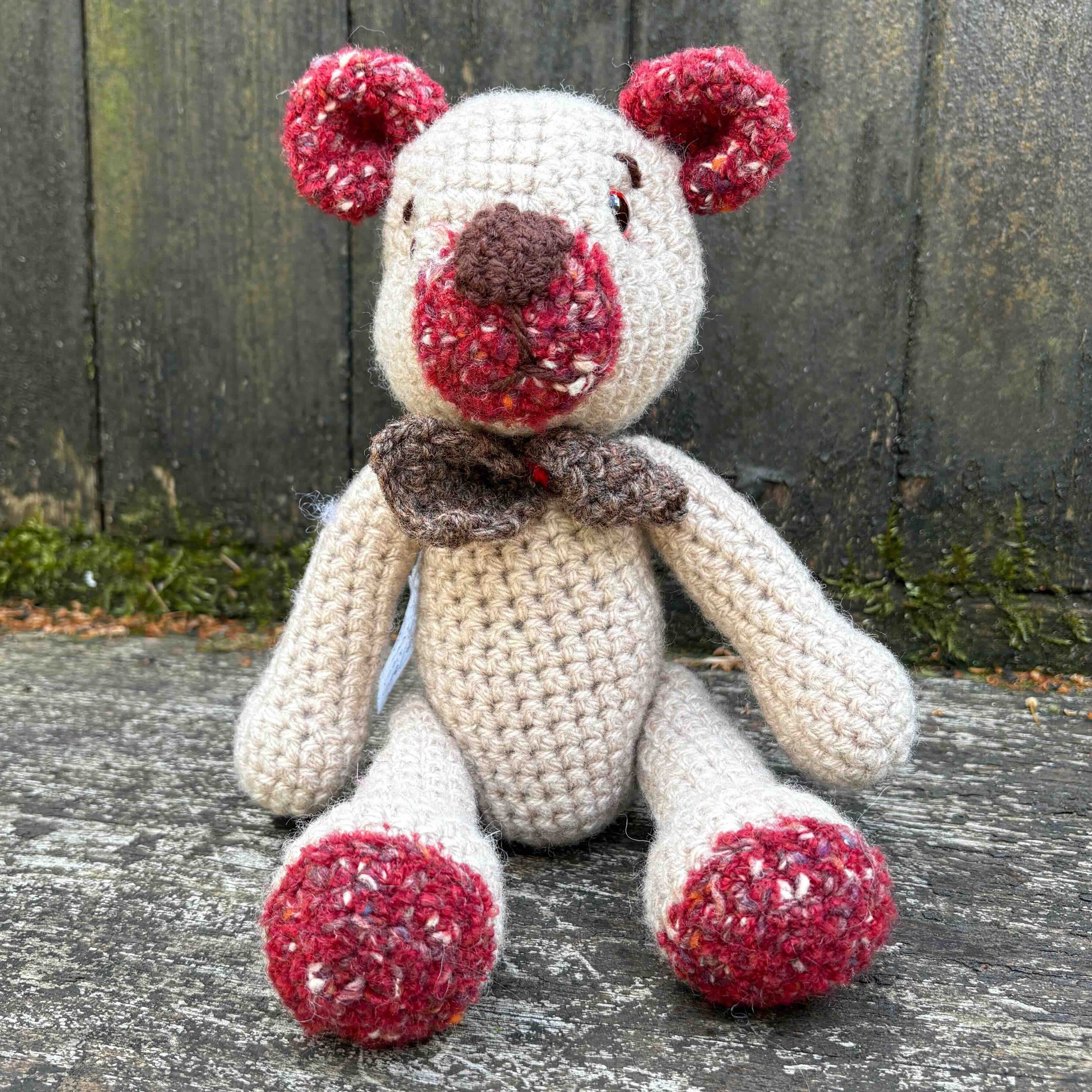 Handcrocheted Teddy, with Red Ears