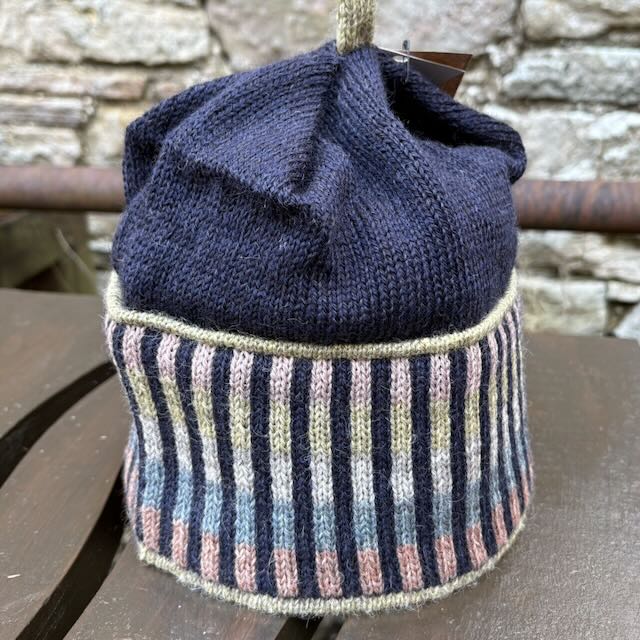 Handframed Knitwear Tab Top Beanie - Navy